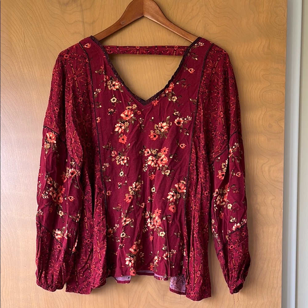 Floral V-Neck Women's Peasant Top - Picture 3 of 3